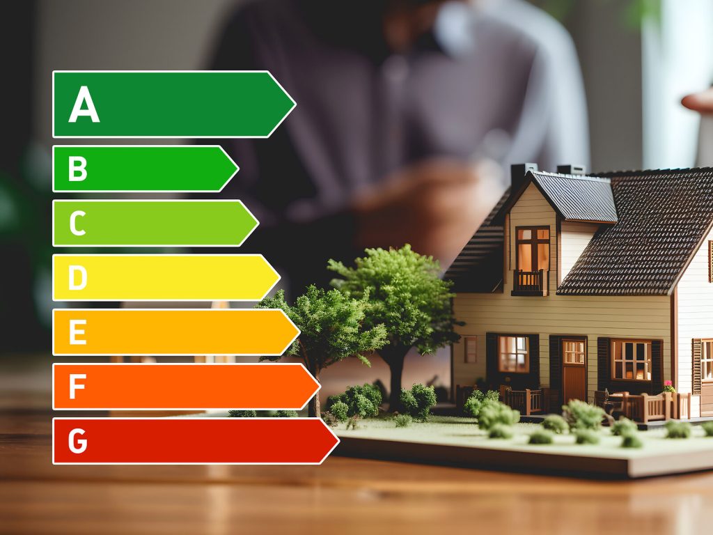 Modell eines Hauses mit Energielabel daneben