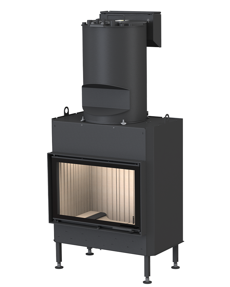 Flacher Kamineinsatz mit aufgesetztem Kesselmodul