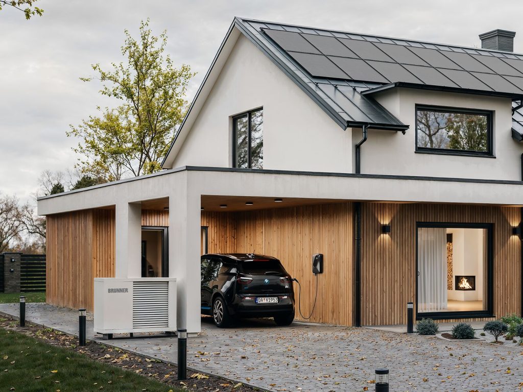 Modernes Wohnhaus mit Wärmepumpe, Holzofen, Wärmepumpe und E-Auto