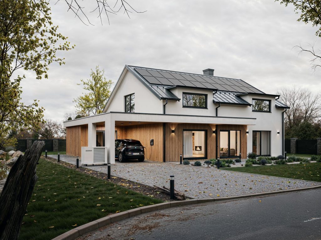 Außenansicht Haus mit Garten, E-Auto lädt in Carport, Ofen brennt im Wohnzimmer, PV-Anlage auf Dach, Wärmepumpe im Hof