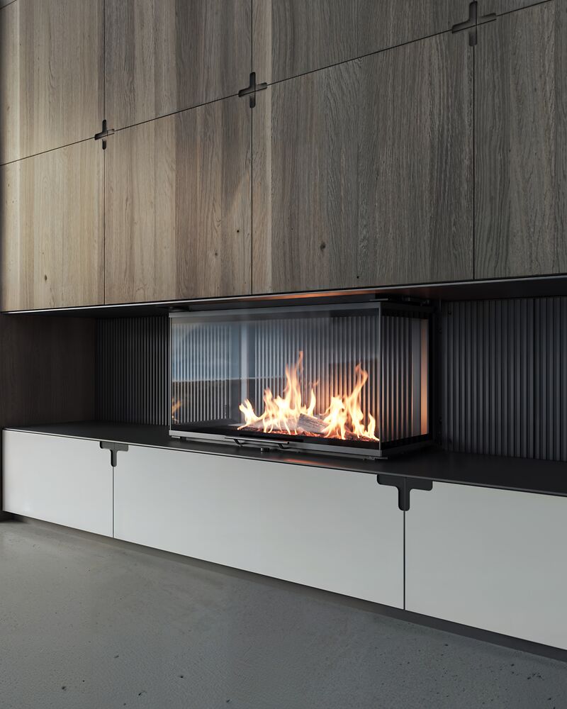 Panoramakamin mit Gussrückwand im Wohnzimmer