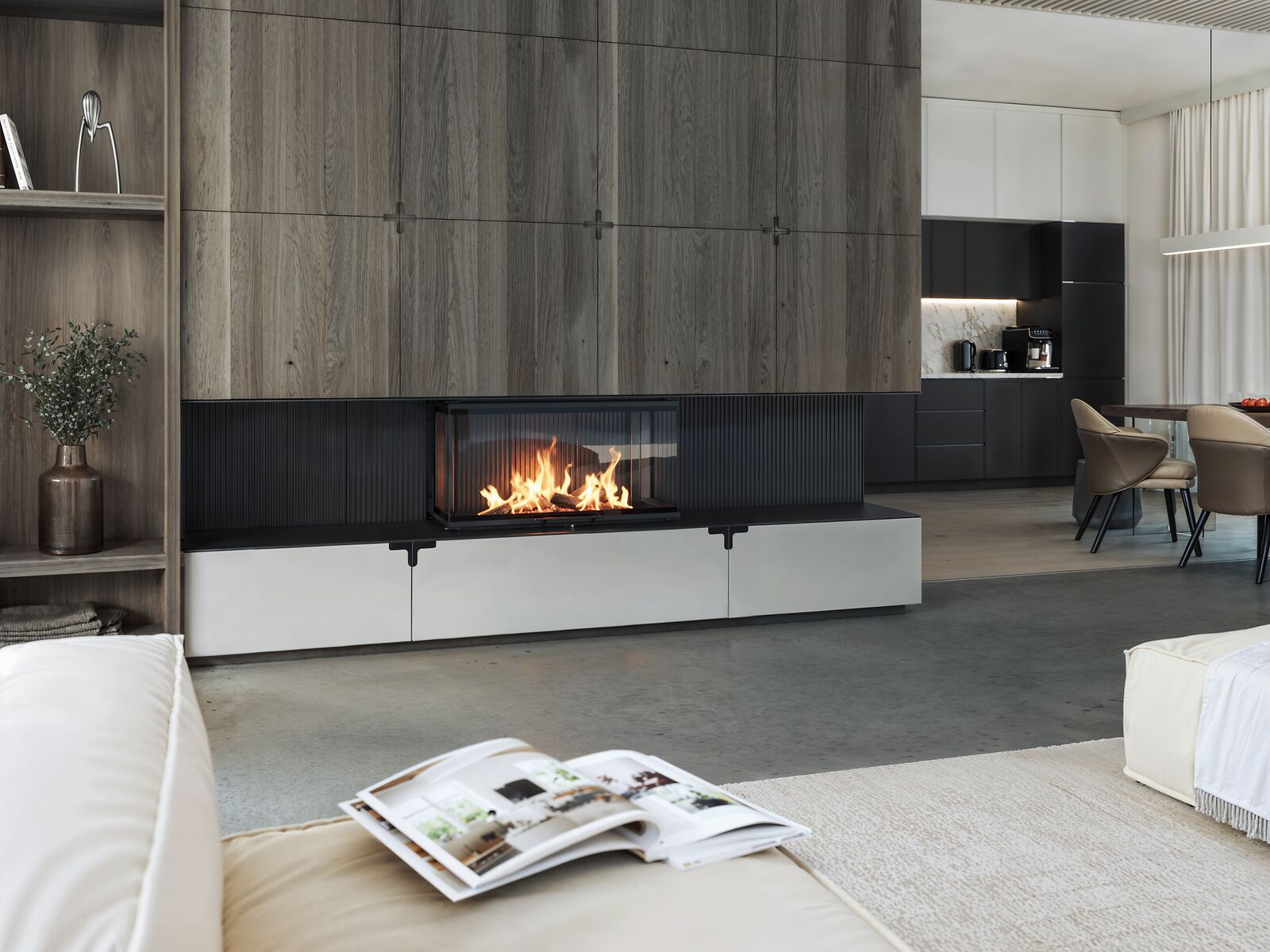 BRUNNER Kamin Panorama mit Feuerraumvortführung in Guss, in der Schrankwand verbaut