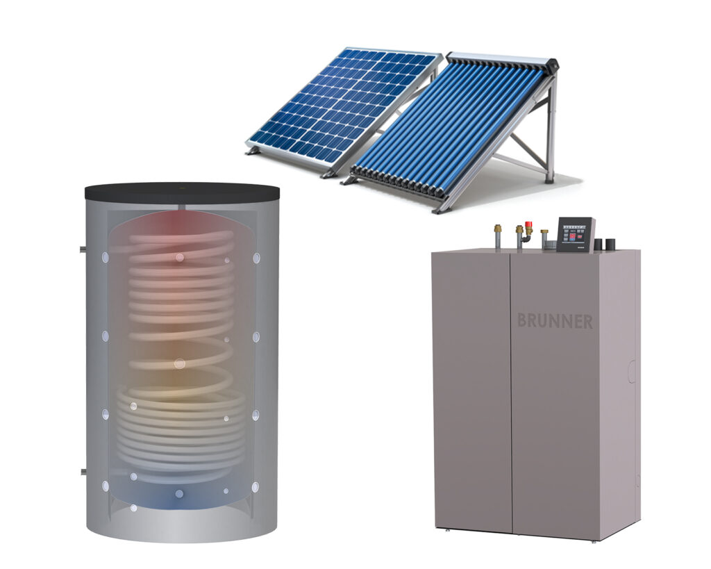 Konzept mit Bildern: PV-Module, Pelletkessel, Hygienespeicher