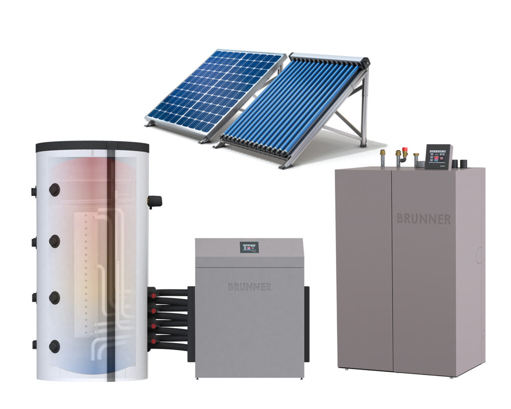 Konzept mit Bildern: PV, Pelletkessel, Heizzentrale mit Pufferspeicher