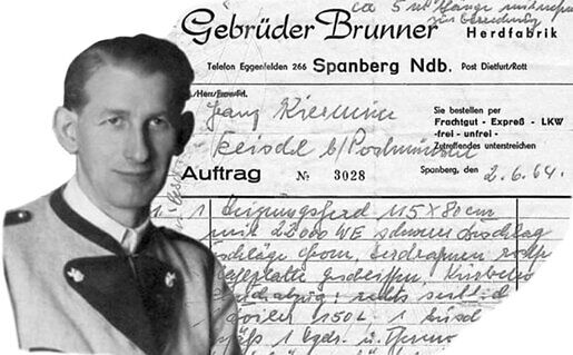 Altes Schriftstück der Herdfabrik BRUNNER mit Foto von Martin Brunner