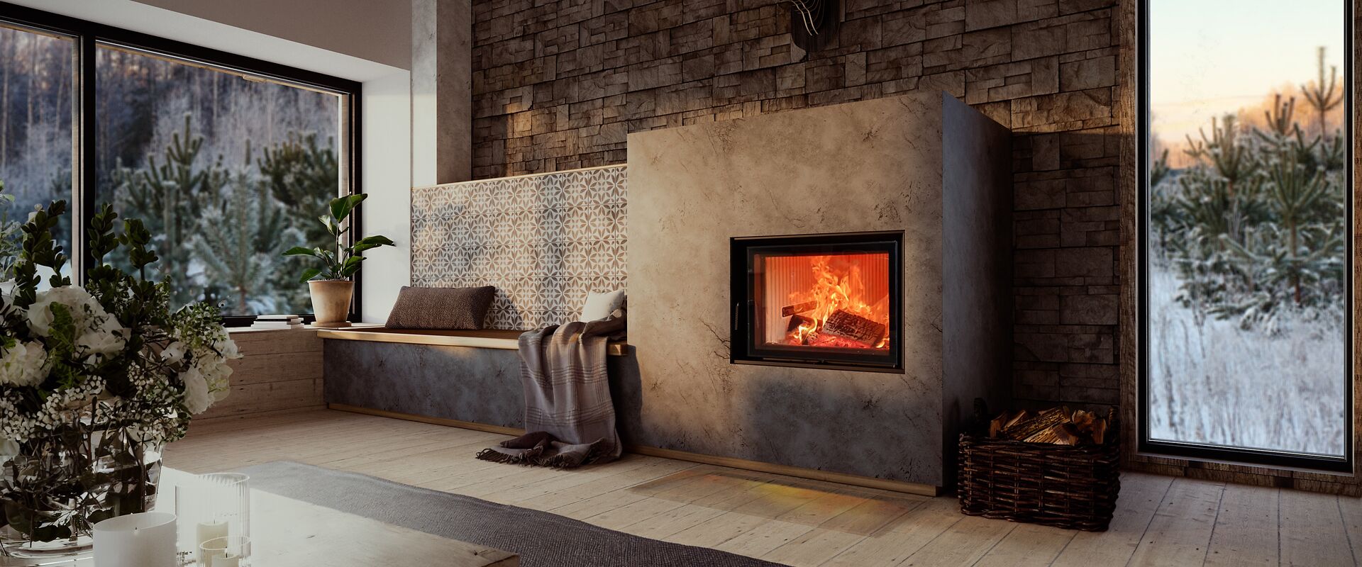 Kachelofen in Betonoptik mit Ofenbank und gemusterten Kacheln