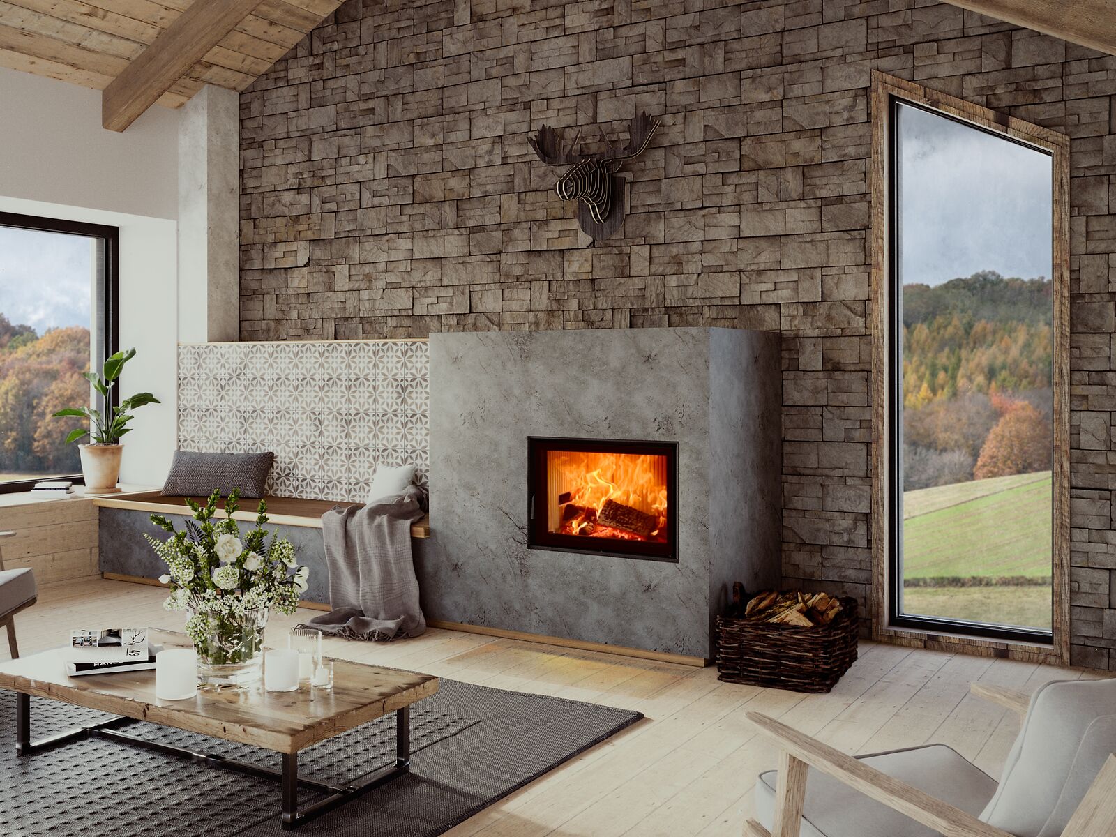 BRUNNER Kachelofen flach im Wohnzimmer mit Sitzbank