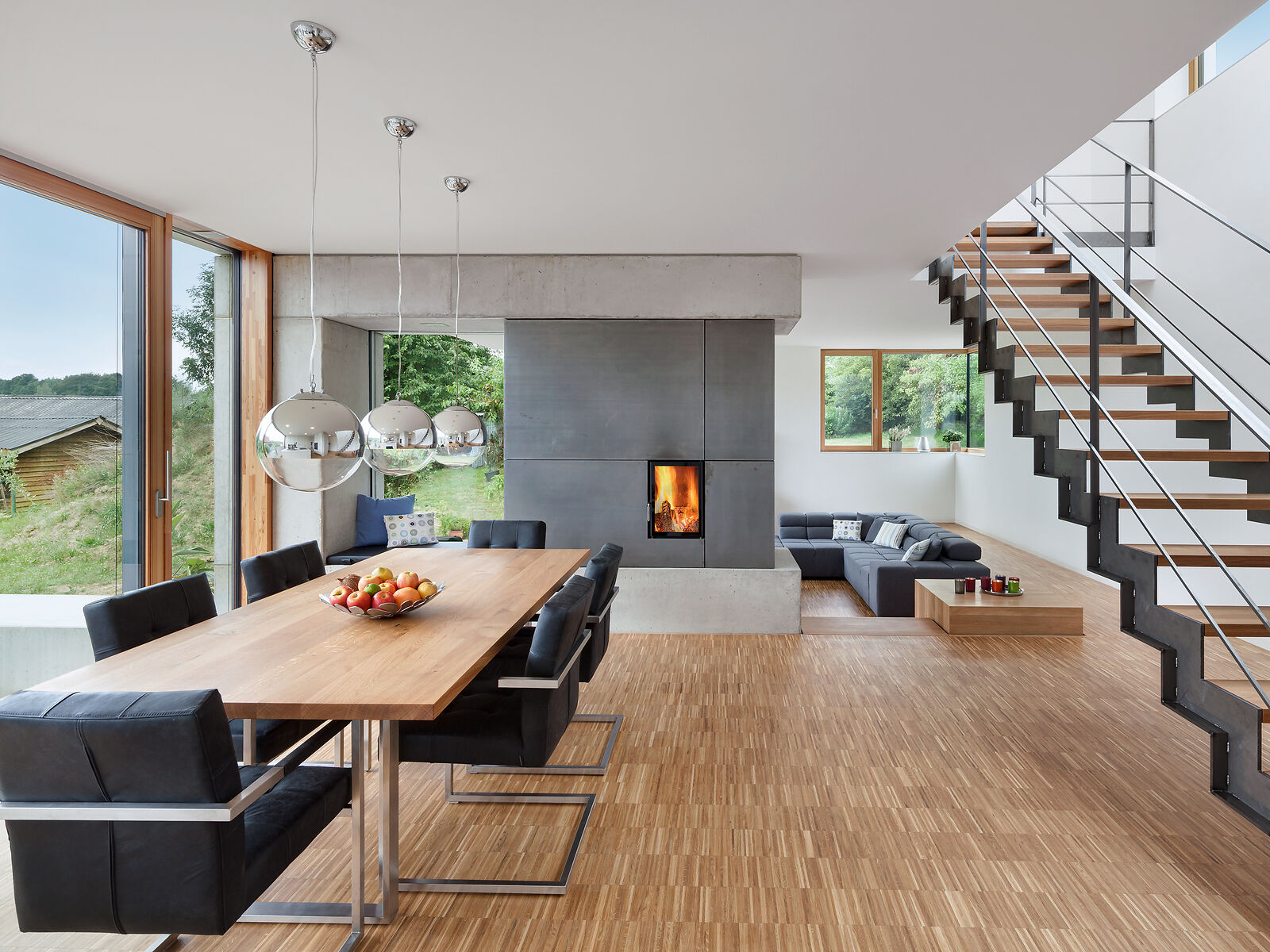 Tiled stove in a modern, light-flooded home