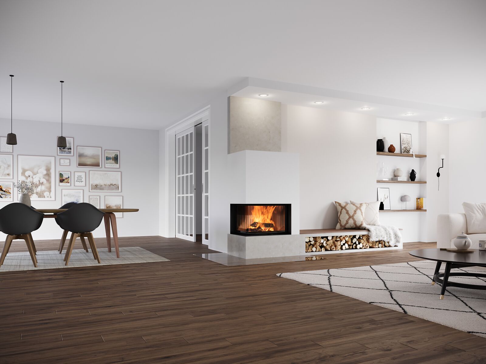 BRUNNER Eckkamin im Wohnzimmer mit Sitzbank als Raumteiler
