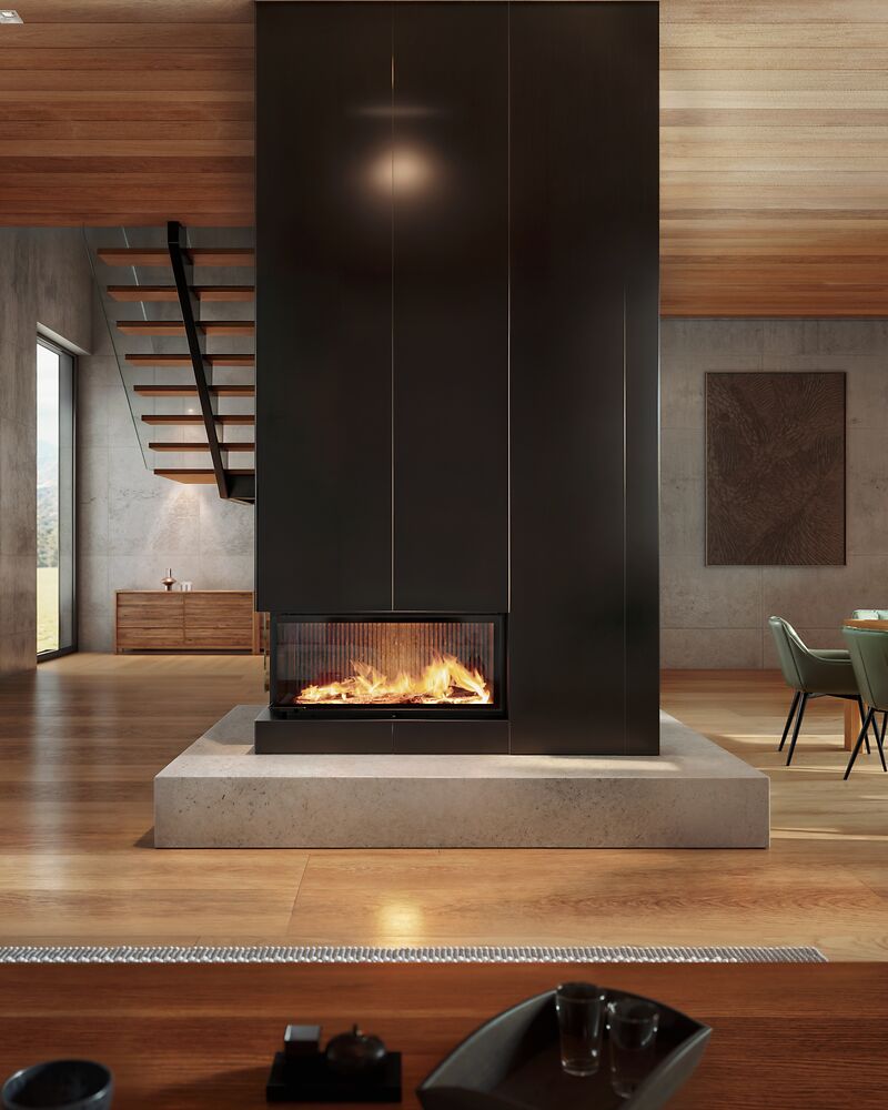 Ceiling-high corner fireplace with raw steel cladding