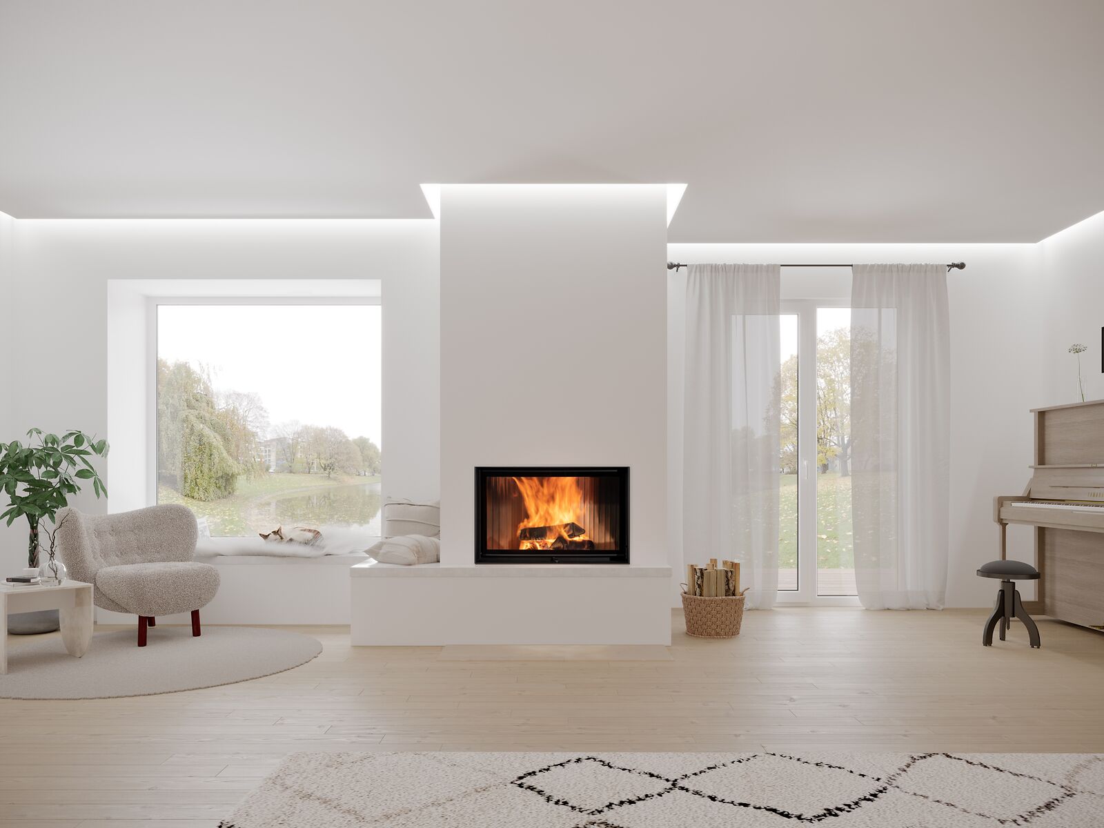 BRUNNER Kamin flach mit Sitzbank in hellen Farben