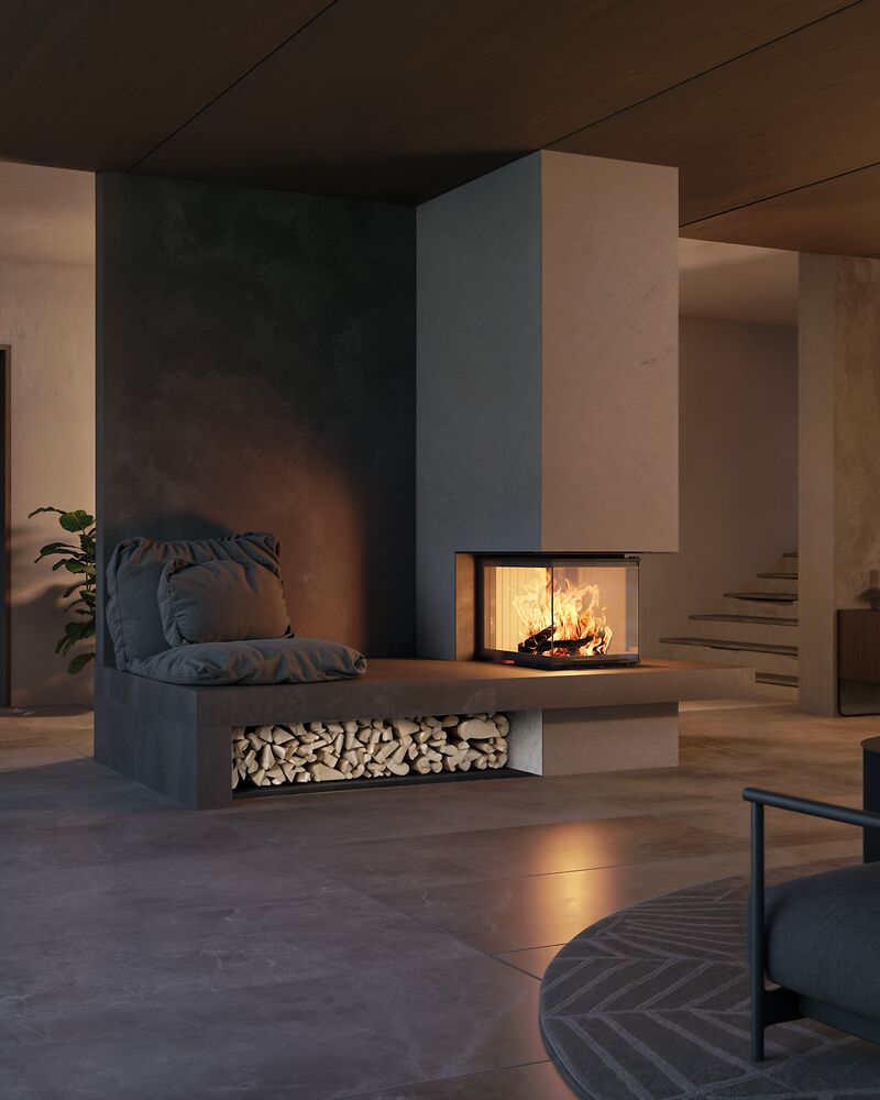 Panorama Kamin brennend in modernem Wohnzimmer bei Dämmerung