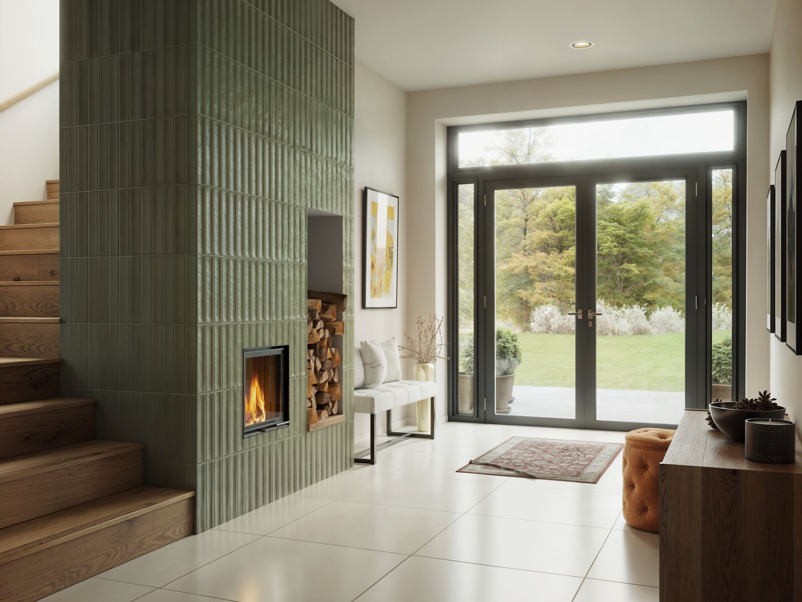BRUNNER Kamin flach mit grünen Kacheln im Flur