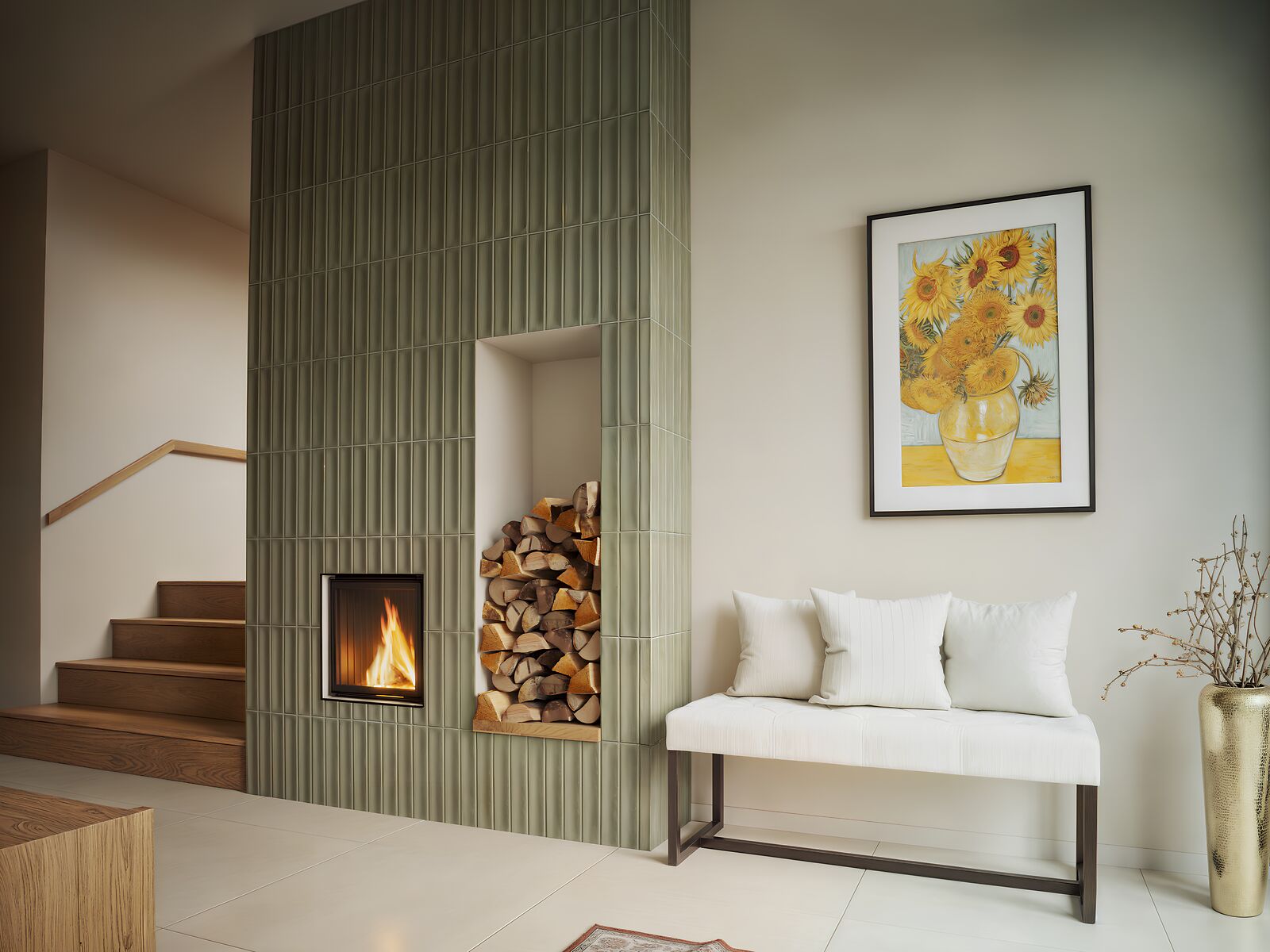 BRUNNER Kamin flach mit grünen Kacheln im Flur