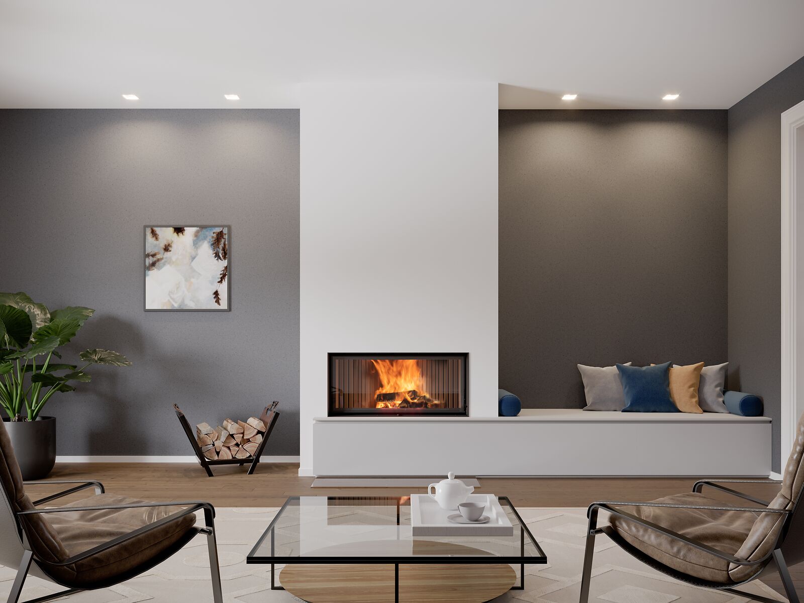 BRUNNER Kamin flach mit Sitzbank im Wohnzimmer