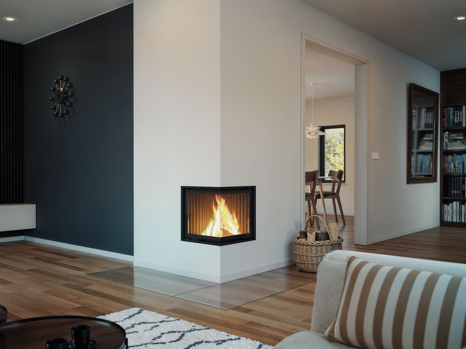BRUNNER Kamin Eck im Wohnzimmer verputzt