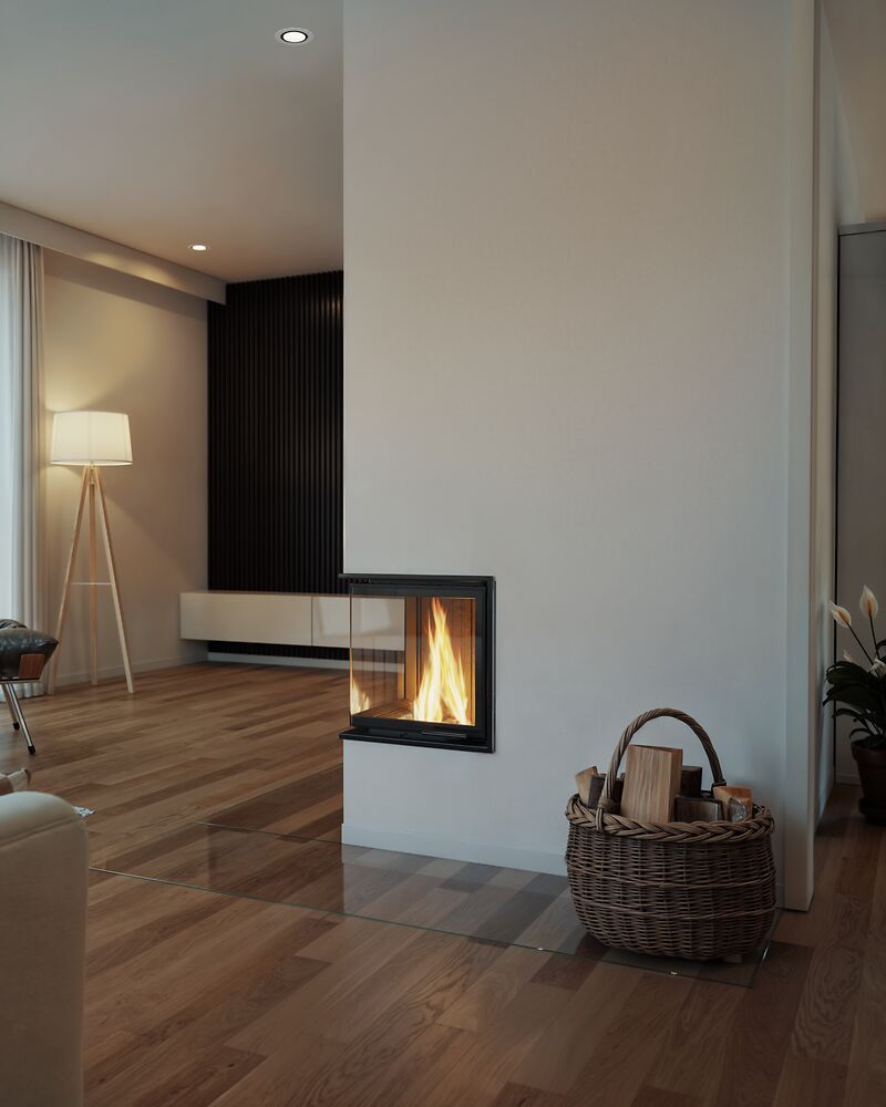 BRUNNER Eck Kamin im Wohnraum