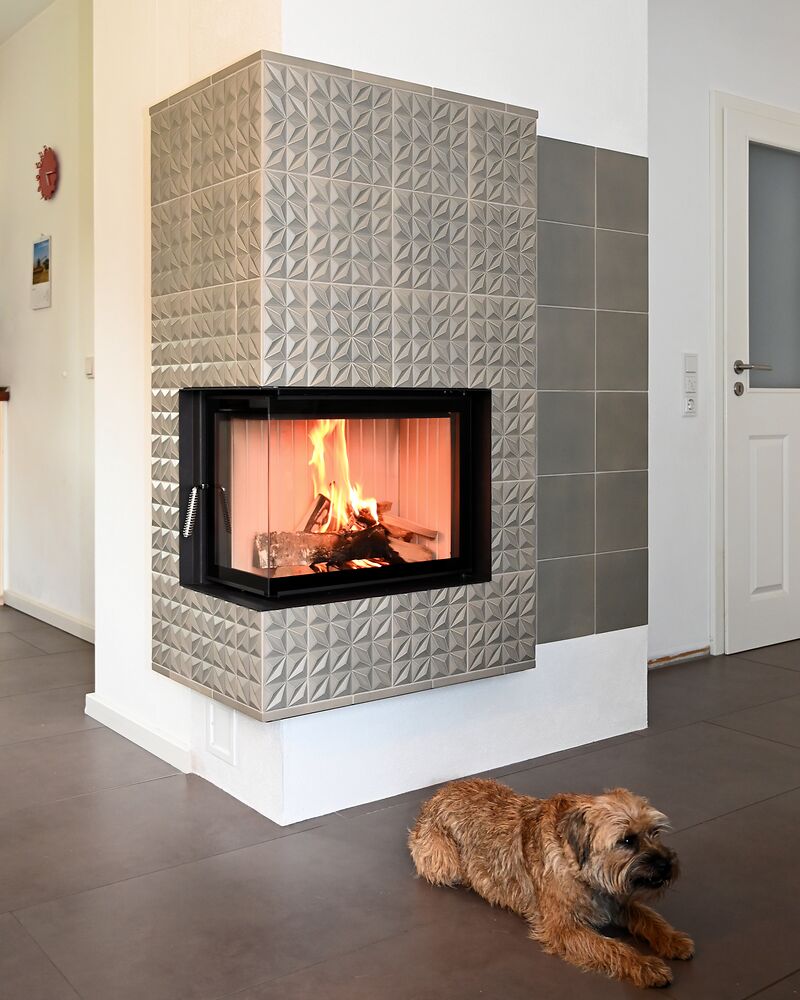 Wasserführender Eckkamin mit grauen Diamantkacheln und liegendem Hund im Vordergrund