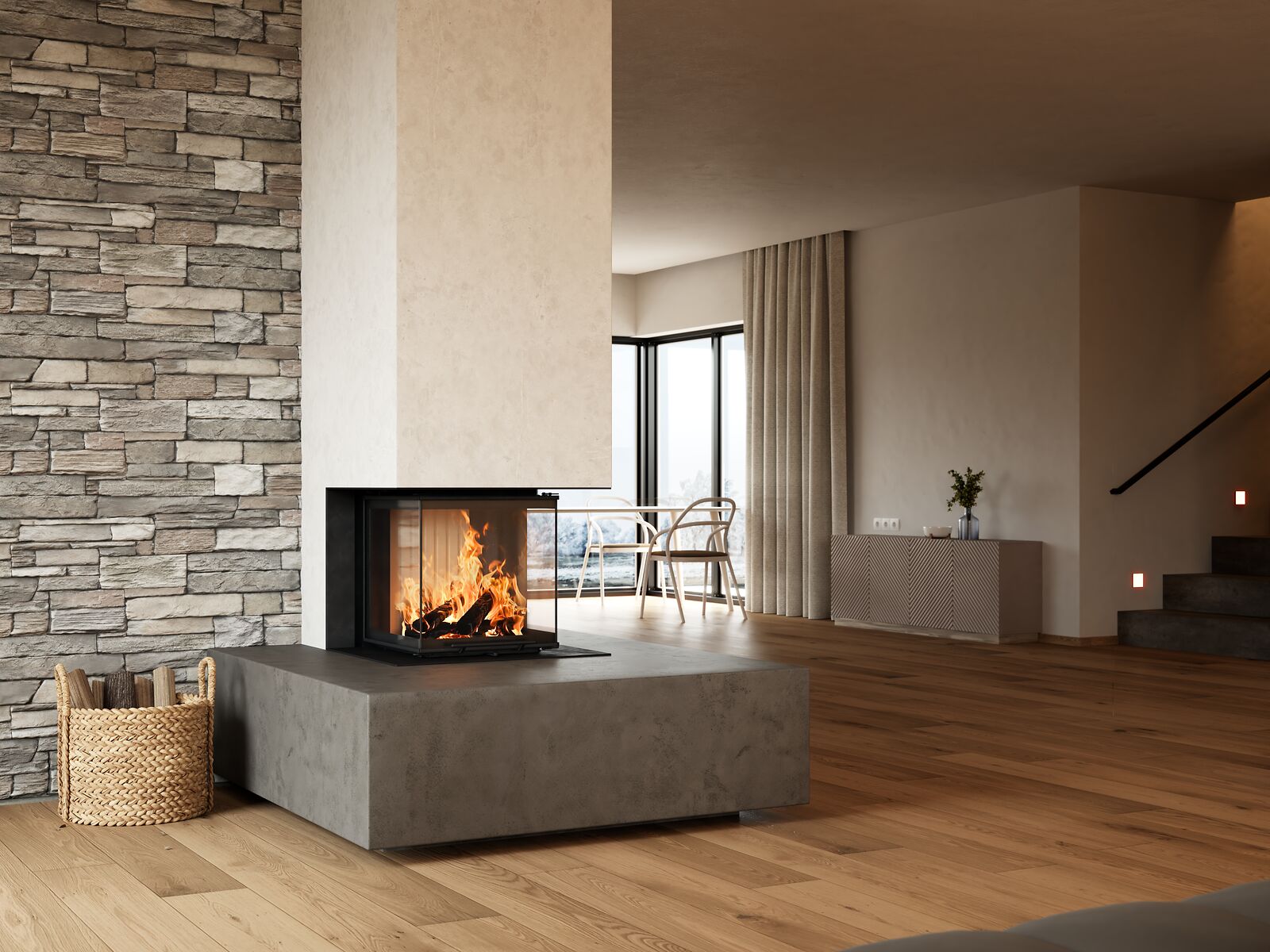 BRUNNER Kamin Panorama als Raumteiler im Wohnzimmer mit Steinwand