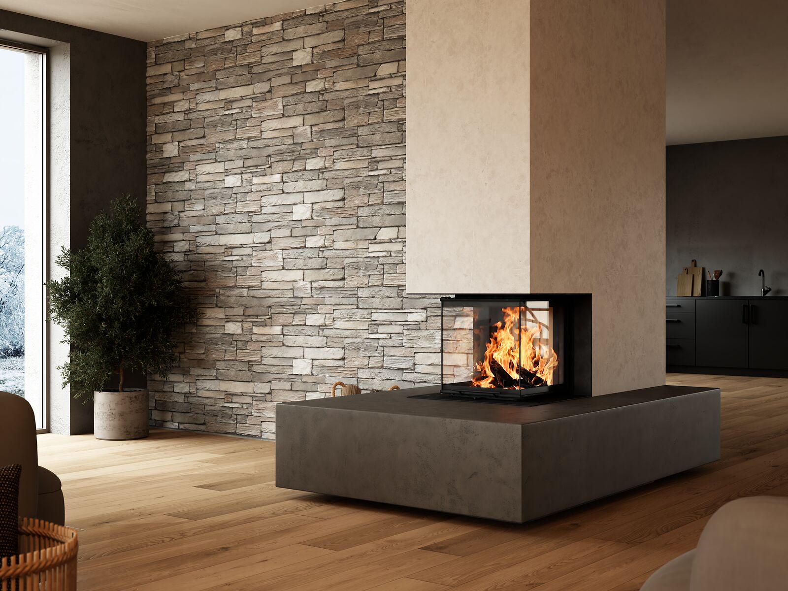 BRUNNER Kamin Panorama als Raumteiler im Wohnzimmer mit Steinwand
