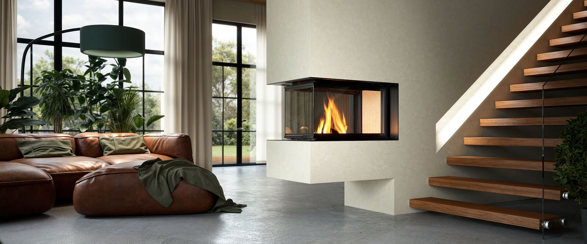 Schwebender Panoramakamin am Treppenaufgang