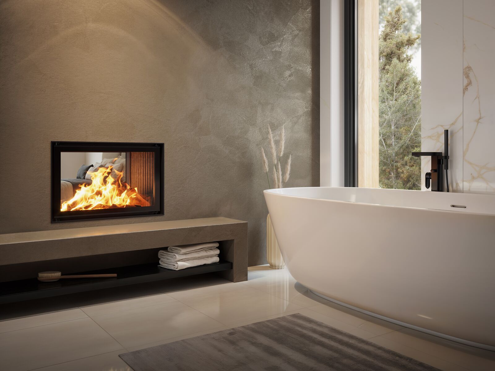 BRUNNER Tunnelkamin als Raumteiler im Badezimmer