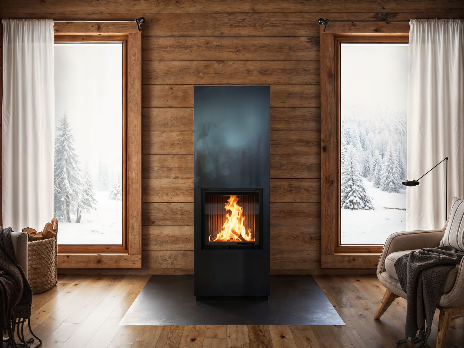 fireplace stove bko flat with raw steel cladding in a rustic ambience
