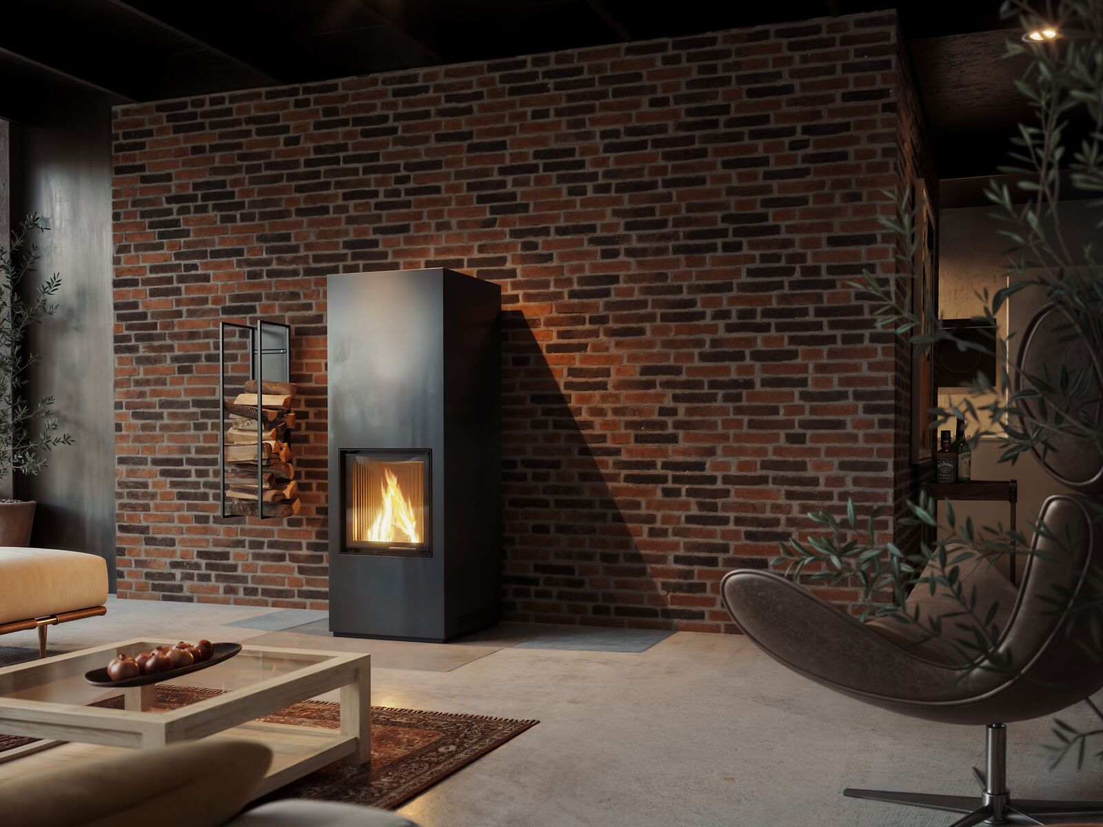 BRUNNER Kaminofen BKO flach vor Ziegelwand