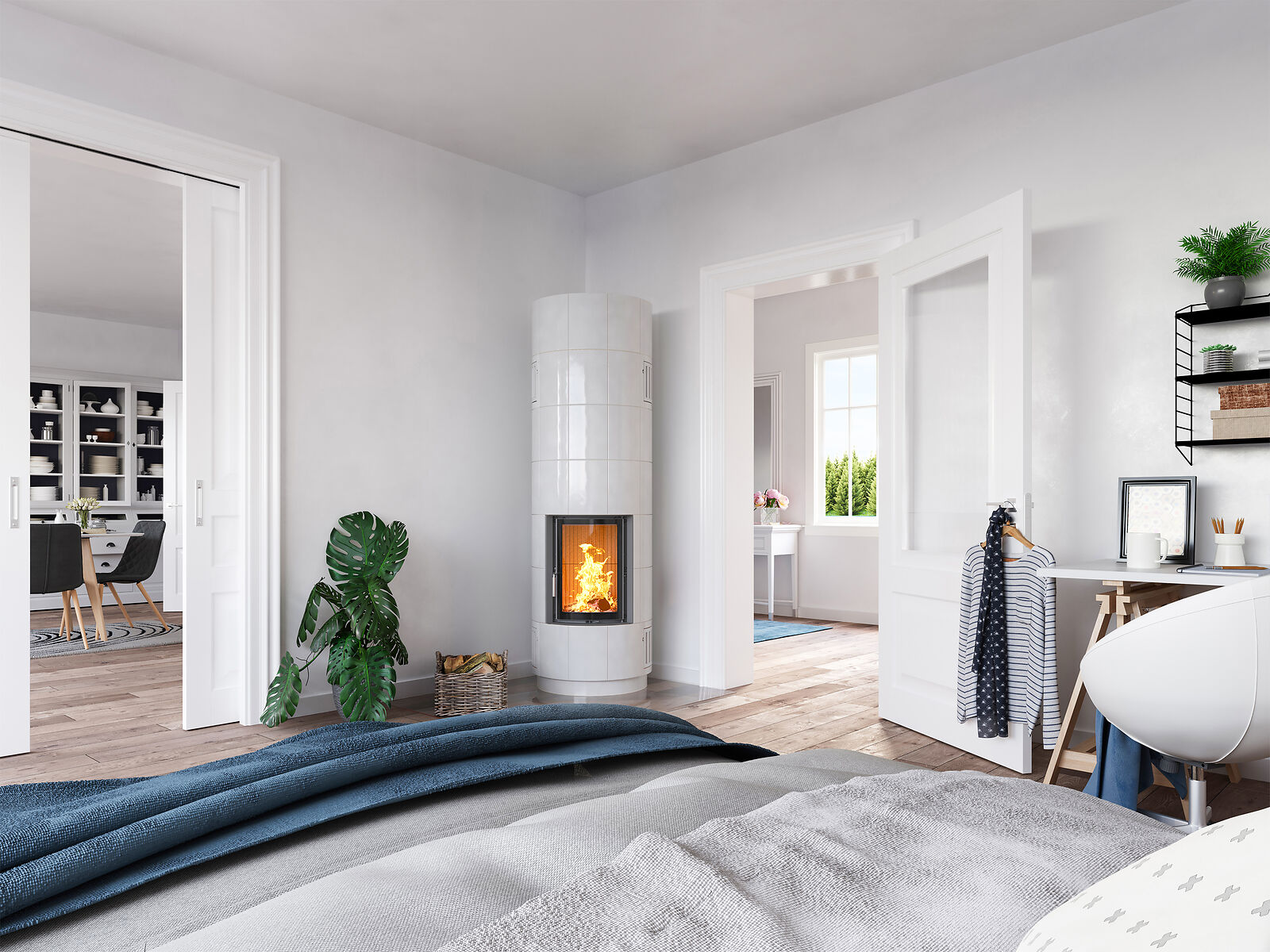 Kachelofen rund im SCANDILine-Look mit weißer Keramik im Wohnraum