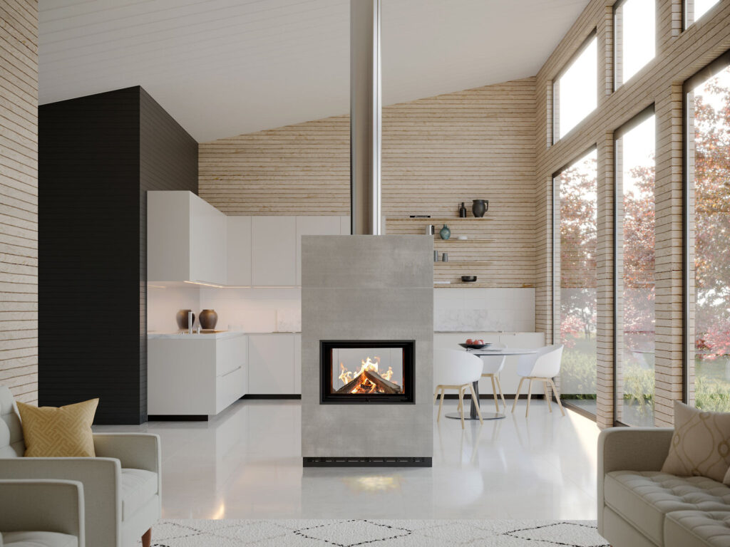 Tunnel Systemkamin mit Wärmebetonhülle in moderner Küche als Raumteiler