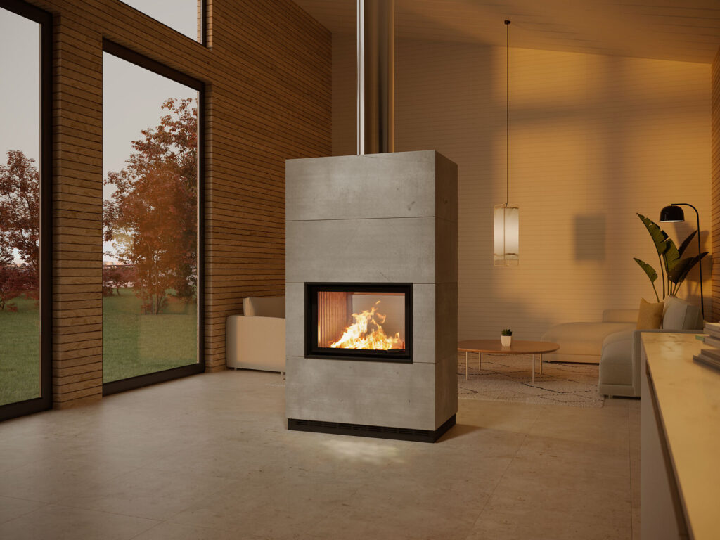 Tunnel Systemkamin mit Wärmebetonhülle als Raumtrenner in der Abenddämmerung