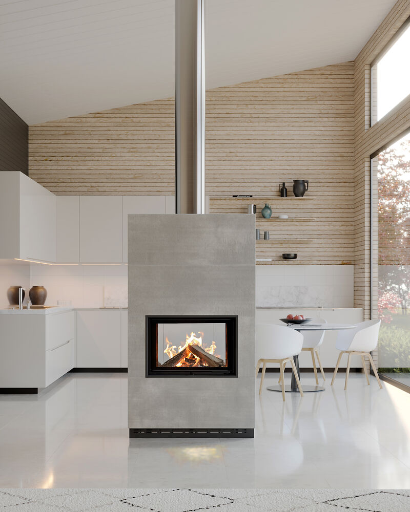 Systemkamin Tunnel als Raumteiler vor der Küche