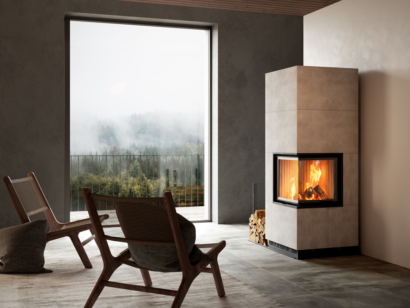 Systemkamin Eck mit Wärmebetonhülle in modernem Wohnraum mit herbstlichem Fensterausblick