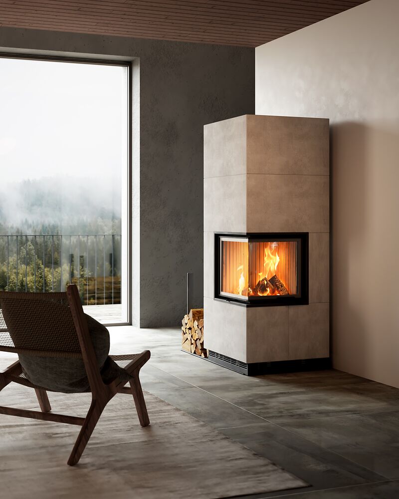 Systemkamin Eck in modernem Wohnraum
