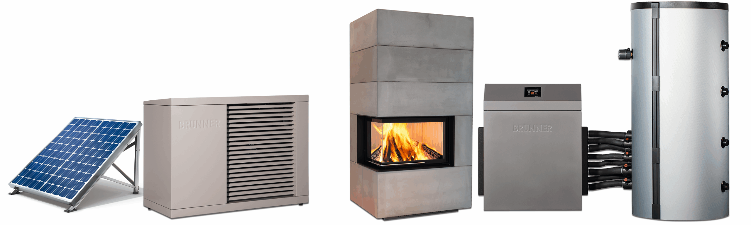 Schema mit Bildern: PV-Modul, Wärmepumpe, wassergeführter Ofen, BHZ