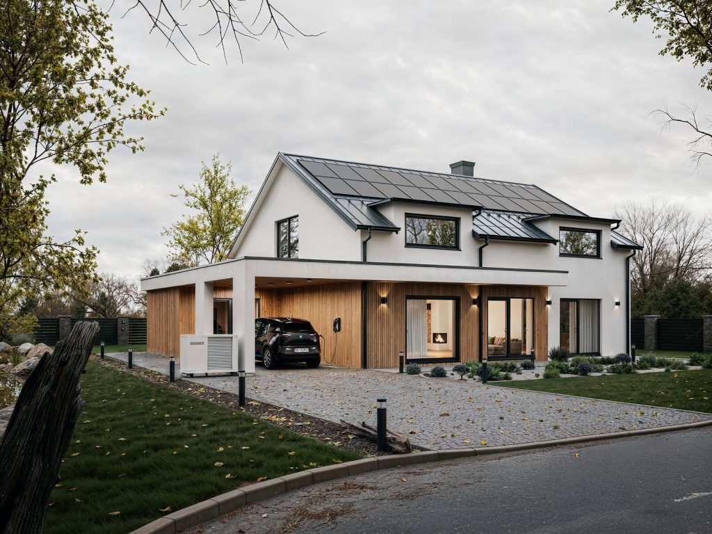 Außenansicht Haus mit Garten, E-Auto lädt in Carport, Ofen brennt im Wohnzimmer, PV-Anlage auf Dach, Wärmepumpe im Hof