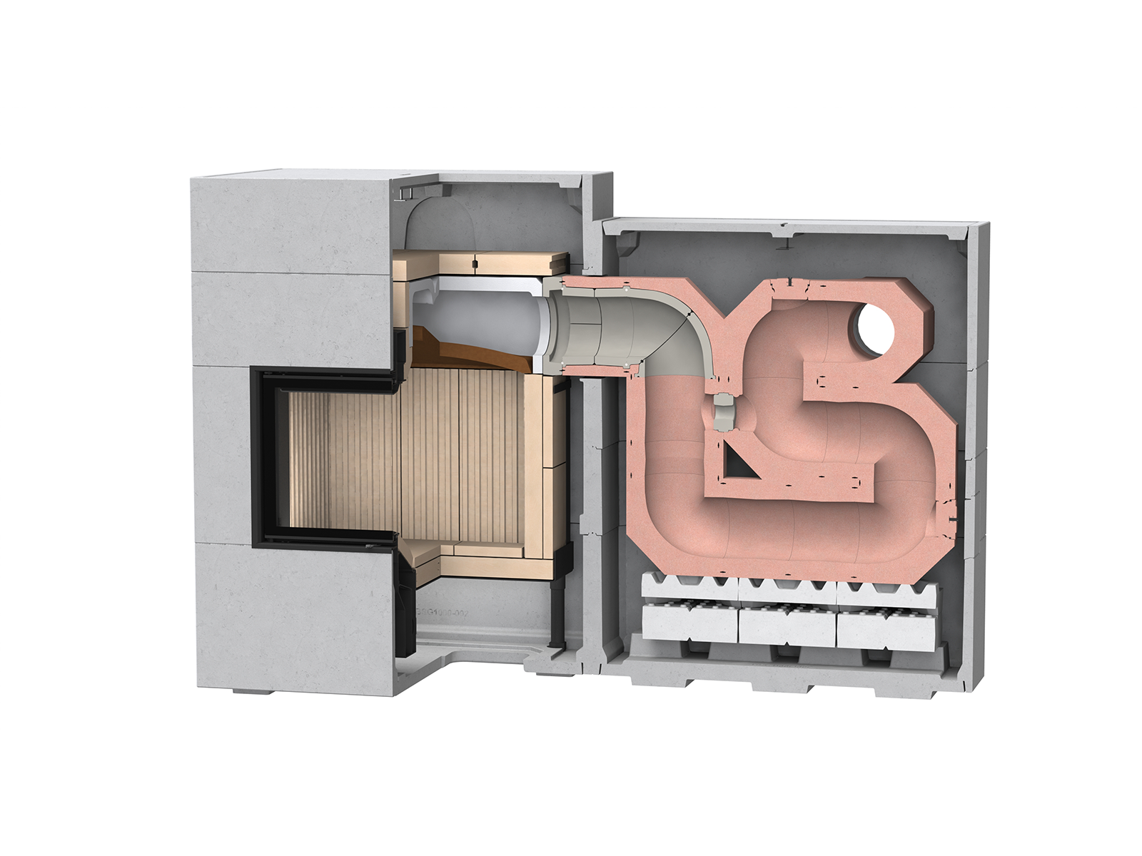 Querschnitt Zeichnung Systemgrundofen mit Speichermasse nebenstehend