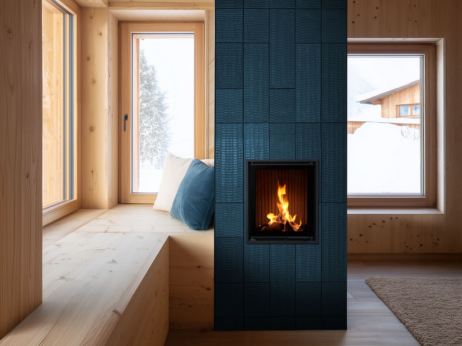 BKH 50-42 Einsatz mit blauer Keramikverkleidung in einem Holzhaus