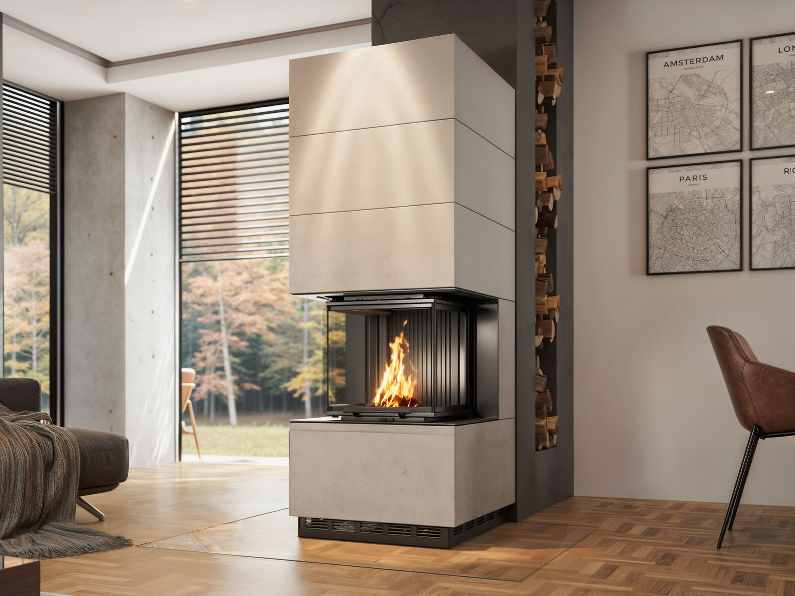 System fireplace Panorama with concrete cladding in a modern living room
