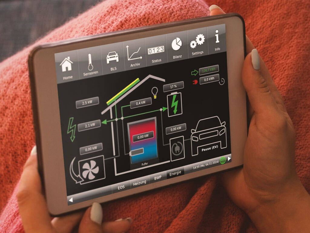 Ansicht Energiemanager auf dem Handybildschirm mit Wärmepumpe, Puffer, PV und Wallbox