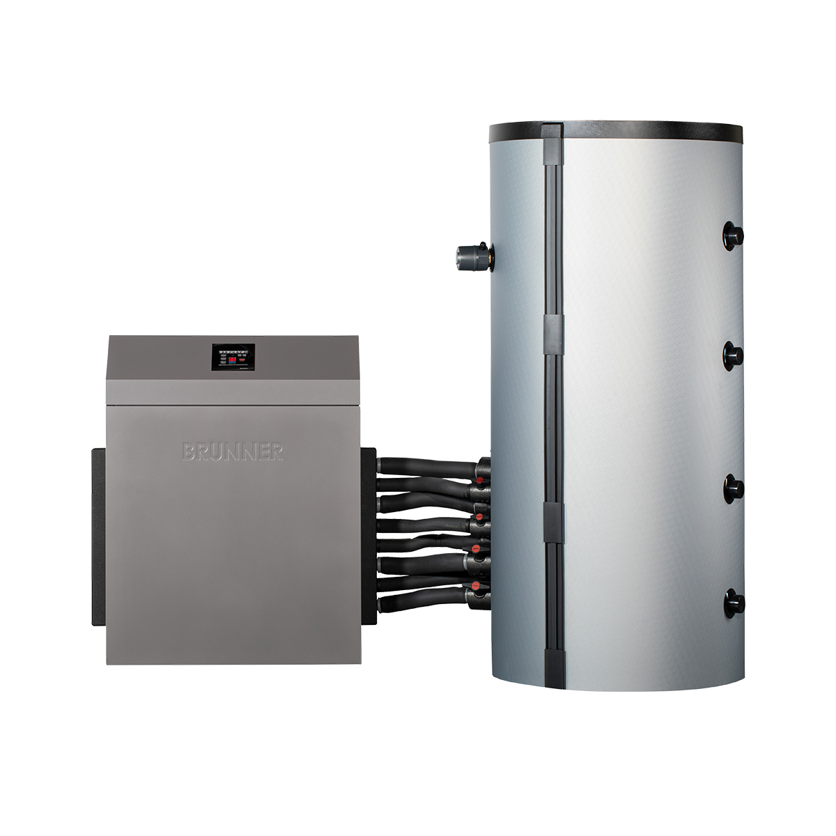 Heizzentrale BHZ 3.0 kombiniert mit Puffespeicher vor weißem Hintergrund