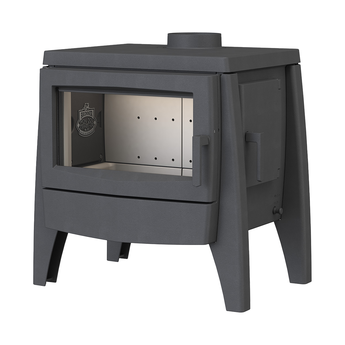 Kaminofen Iron Dog N07 vor weißer Wand