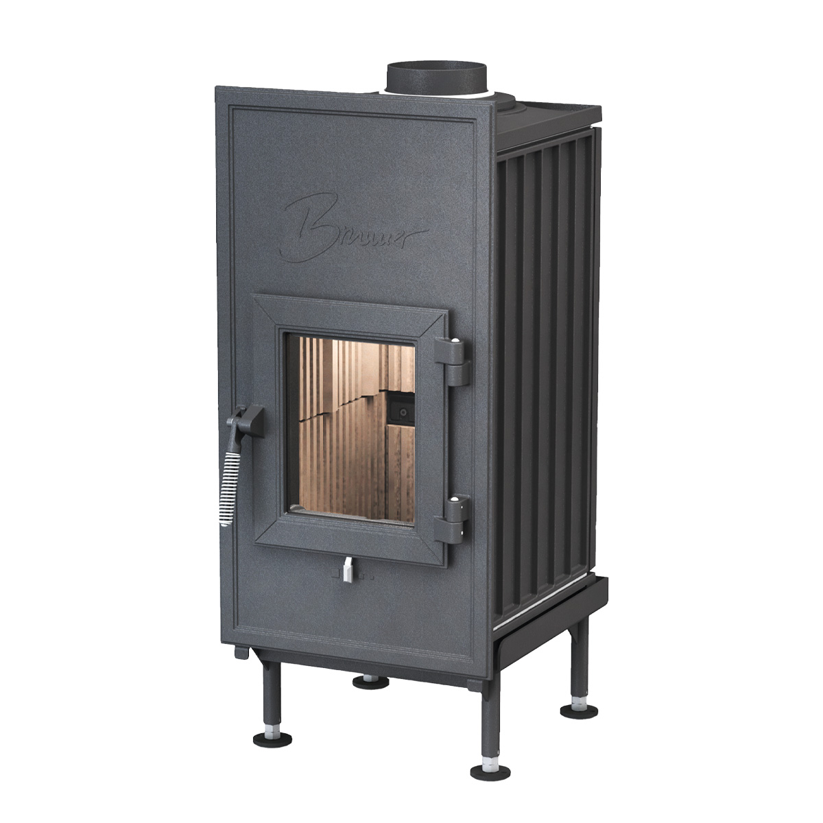 Kachelofen flach mit Frontplatte vor weißem Hintergrund