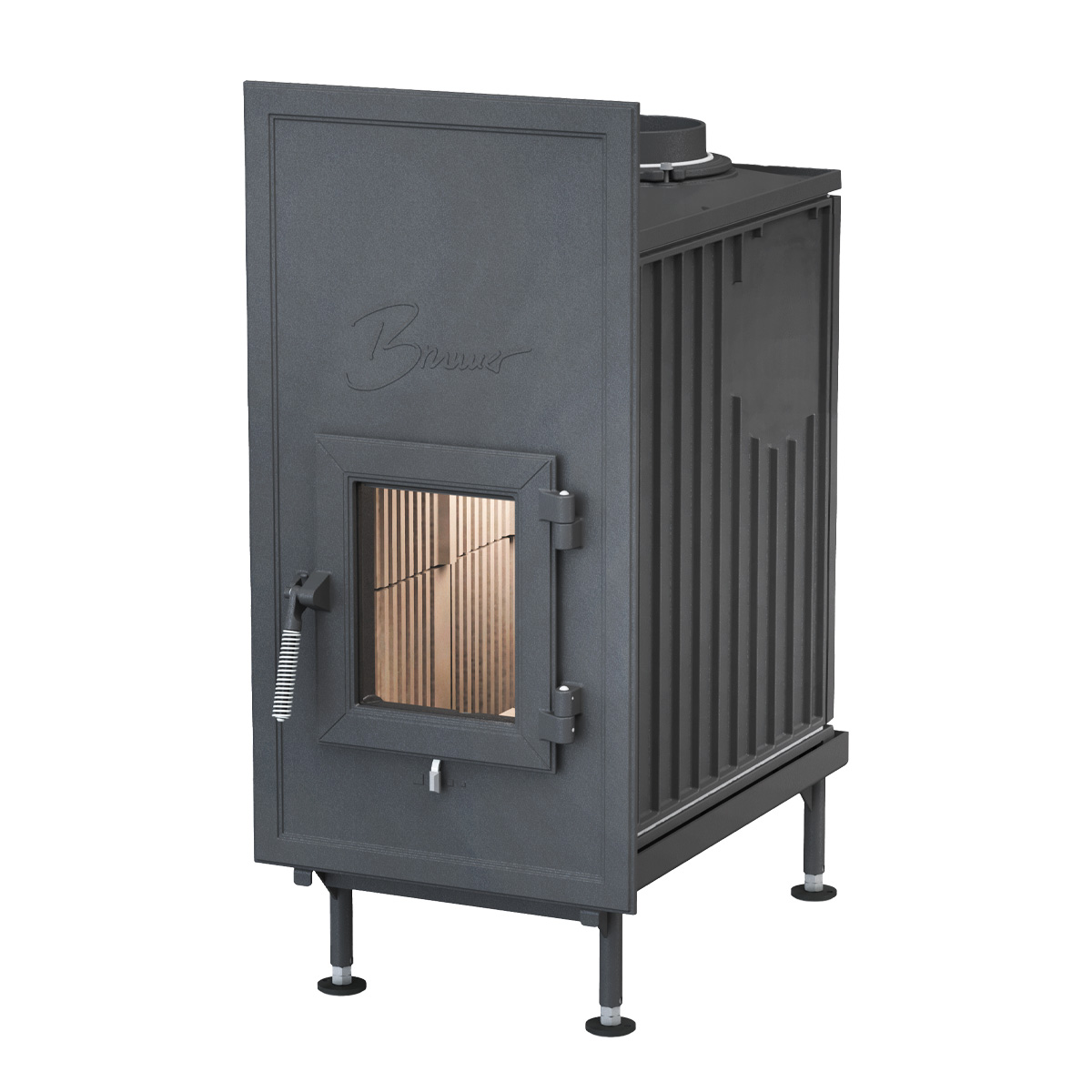 Kachelofen flach mit Frontplatte vor weißem Hintergrund