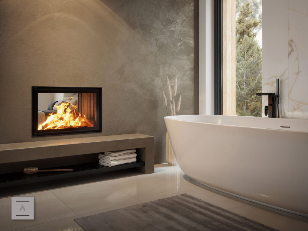 Tunnelkamin von BRUNNER als Raumteiler im Bad mit Badewanne