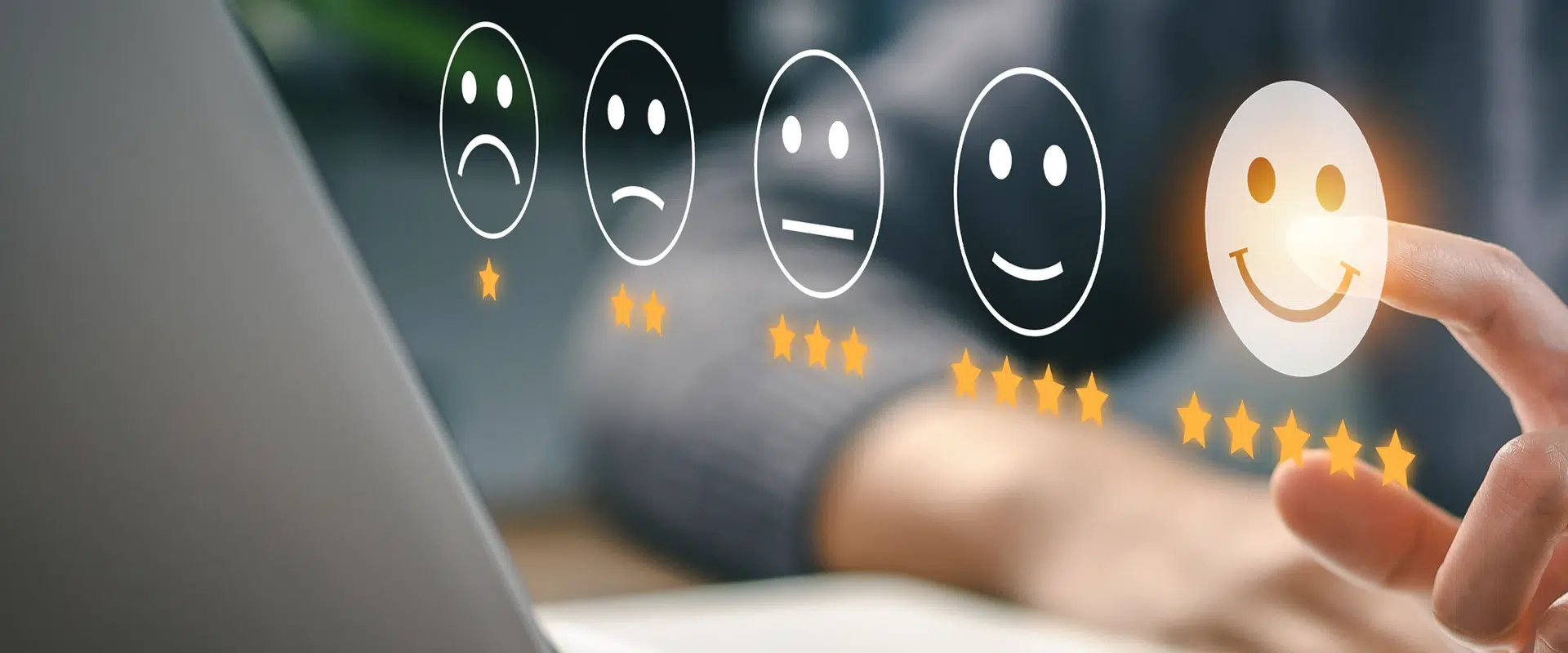 5 Smileys nebeneinander, welche für die Bewertung von 1-5 stehen