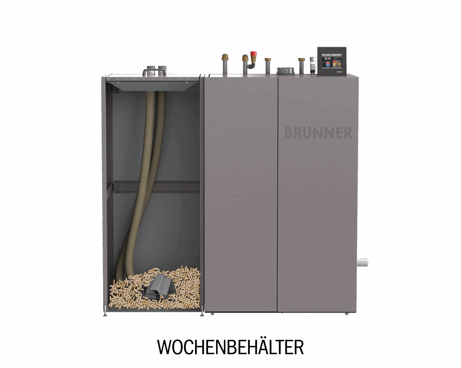Schema: Pelletkessel mit Querschnitt durch den Wochenbehälter nebenstehend