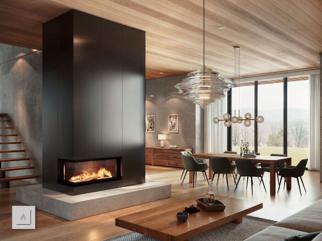 Eckkamin im Wohnzimmer als Raumteiler mit Steinpodest