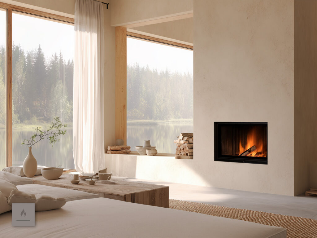 Flacher Kamin im Wohnzimmer mit Seeblick
