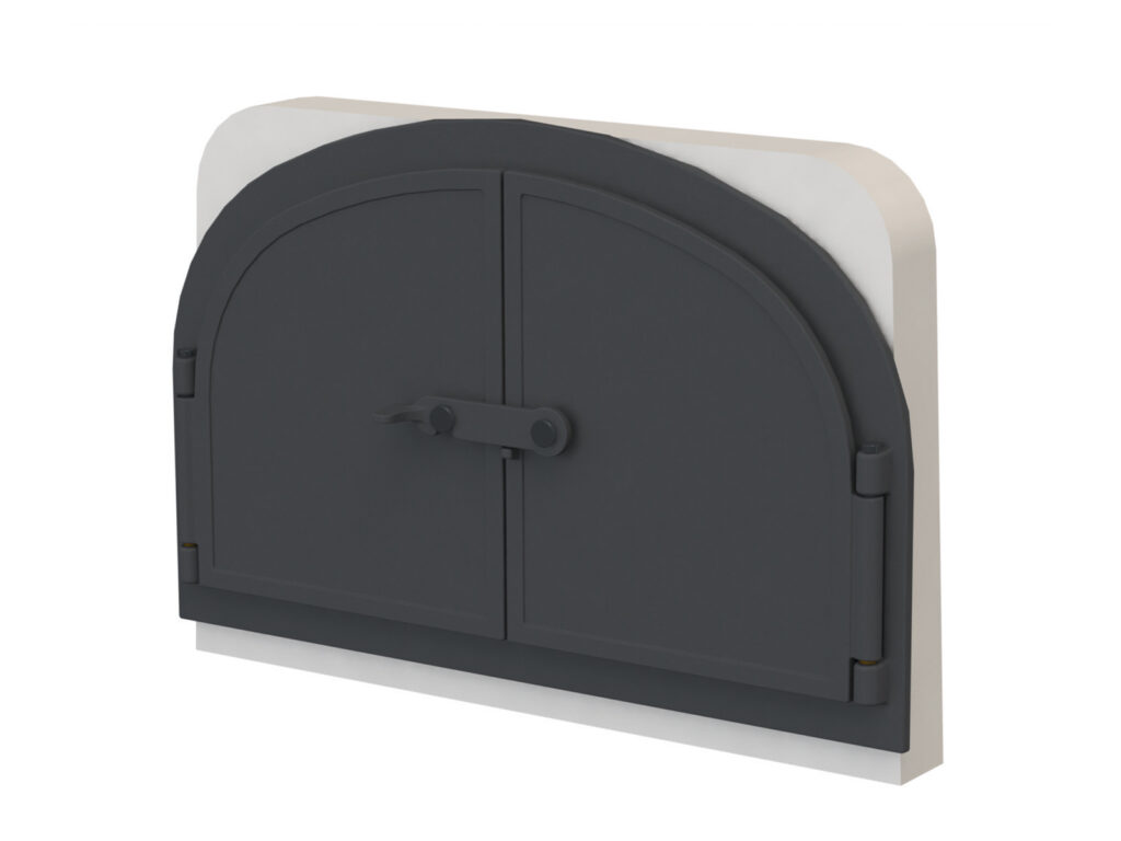 Gußtüre 2-flügelig mit Anschlußstein vor weißem Hintergrund